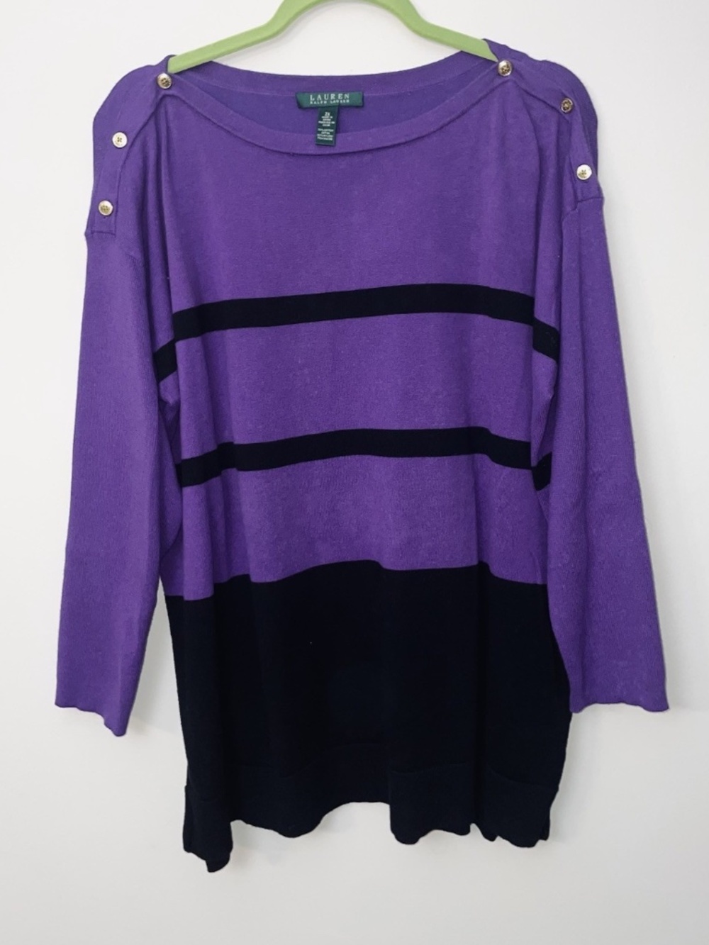 Lauren Ralph Lauren 2X Sweater Purple & Black Gold Buttons Pullover Career Cozy